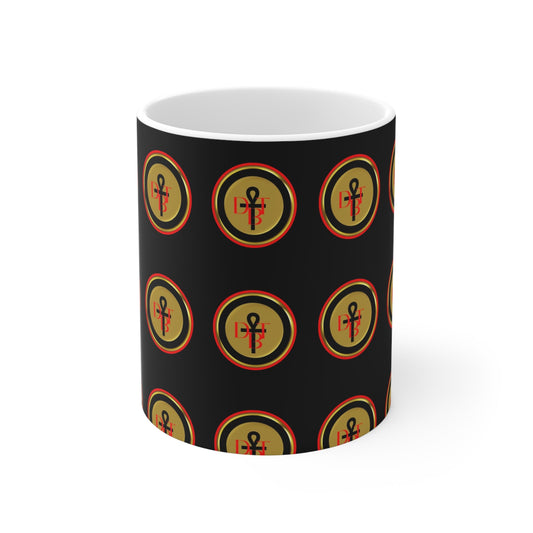 DBT Ankh Symbol 11oz ceramic coffee mug — Egyptian life key design on white ceramic background