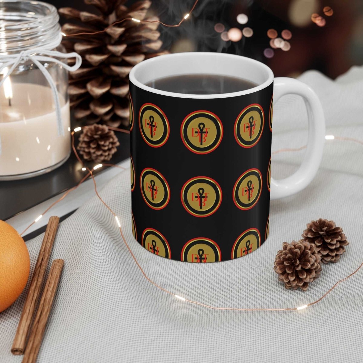 DBT Ankh Symbol Mug lifestyle — start your morning with sovereign intention, 11oz ceramic