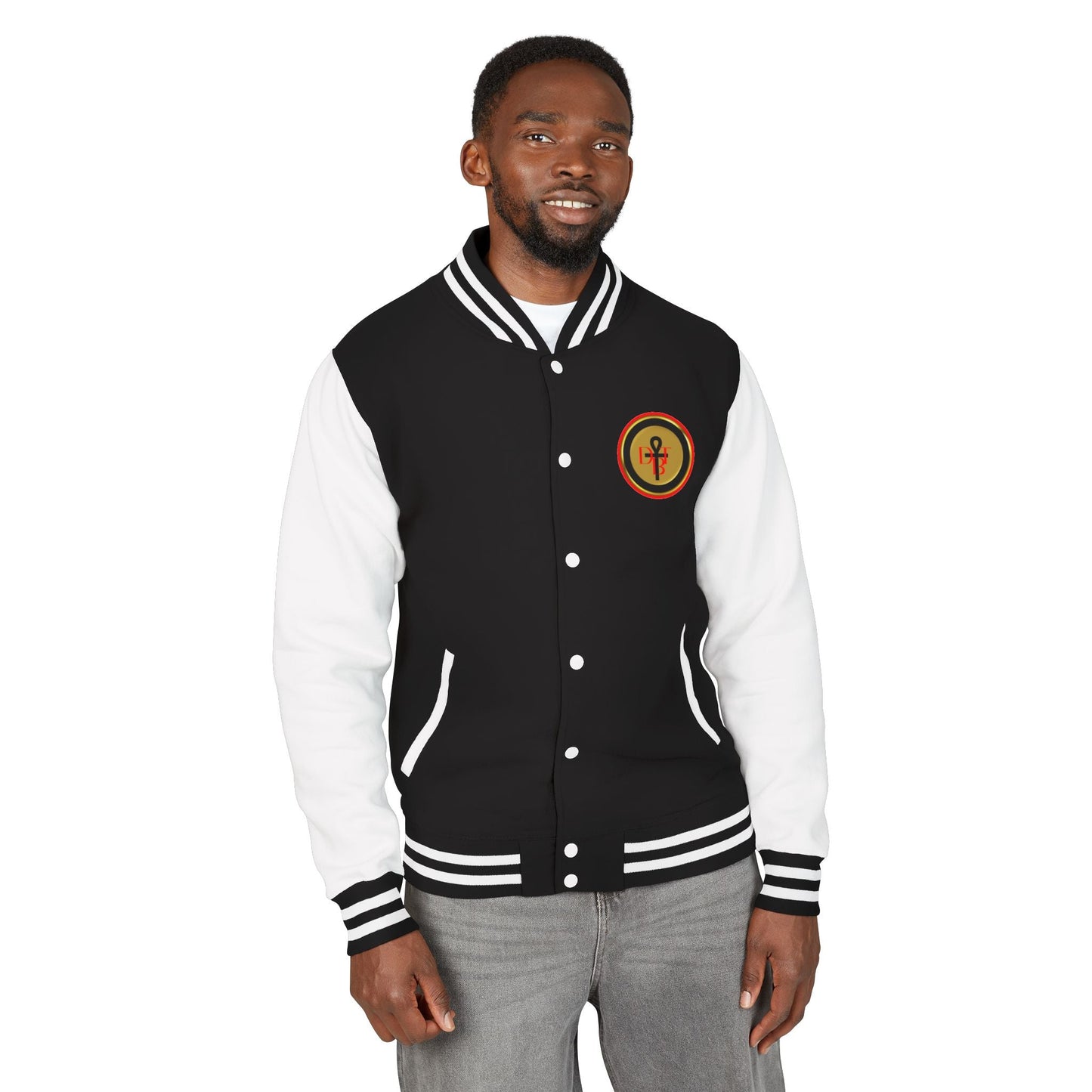 DBT Network Letterman Jacket detail — contrast sleeves Made in USA