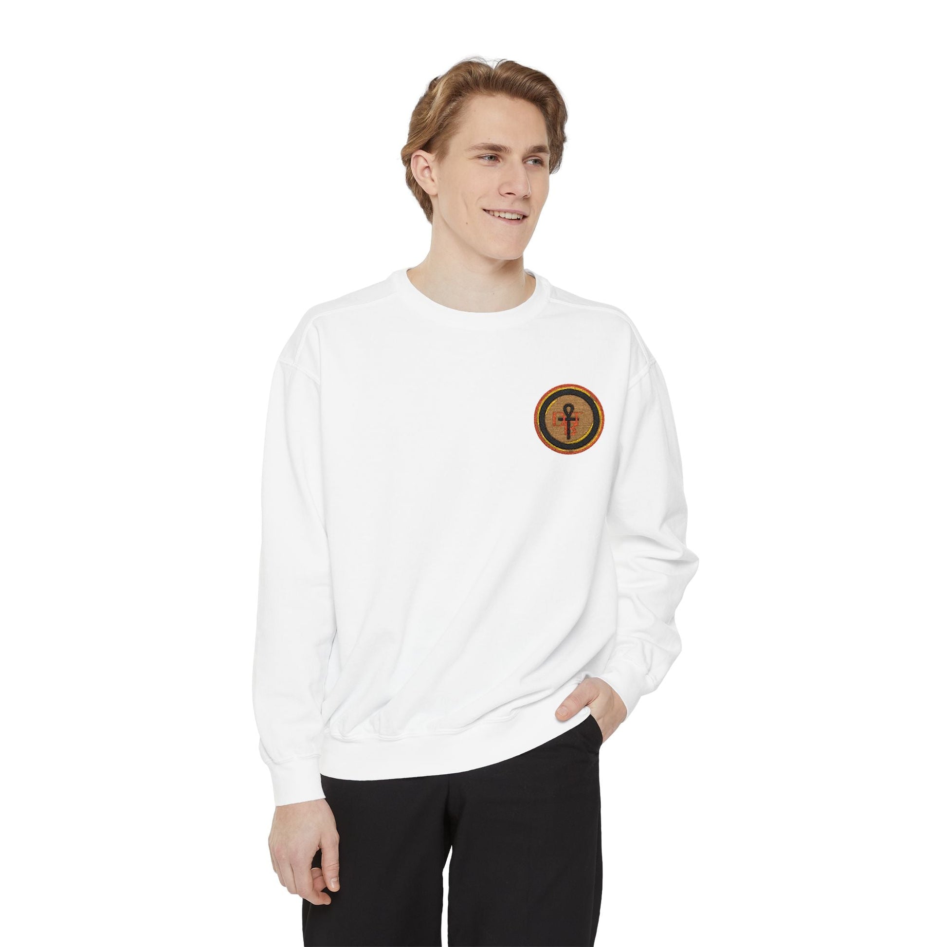 DBT Royalty sweatshirt detail — half-moon back neck patch